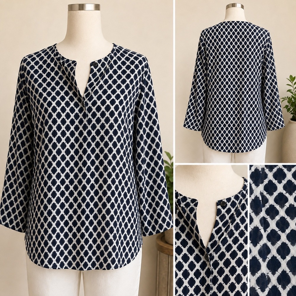 Max Mara Studio Tunic Blouse Women 8 Navy White Lattice Print 3/4 Sleeve Viscose